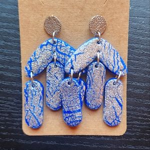Blue and Silver Clay Post Dangle Statement Earrings
